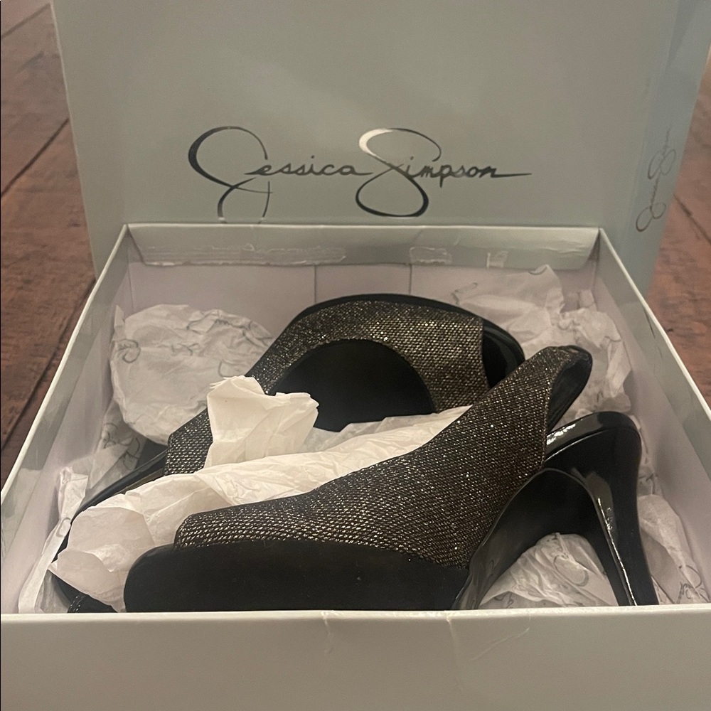 New Jessica Simpson Halie Platinum Glitter Mesh Slingback Platform Heels Sz 8.5.